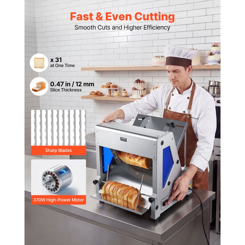 VEVOR Electric Bread Slicer, 370W Bread Slicing Machine, Die-Cast Aluminum Countertop Bread Cutter Machine for 12mm Slice Thickness, Commercial & Home Use for Bakeries Restaurants, 120V