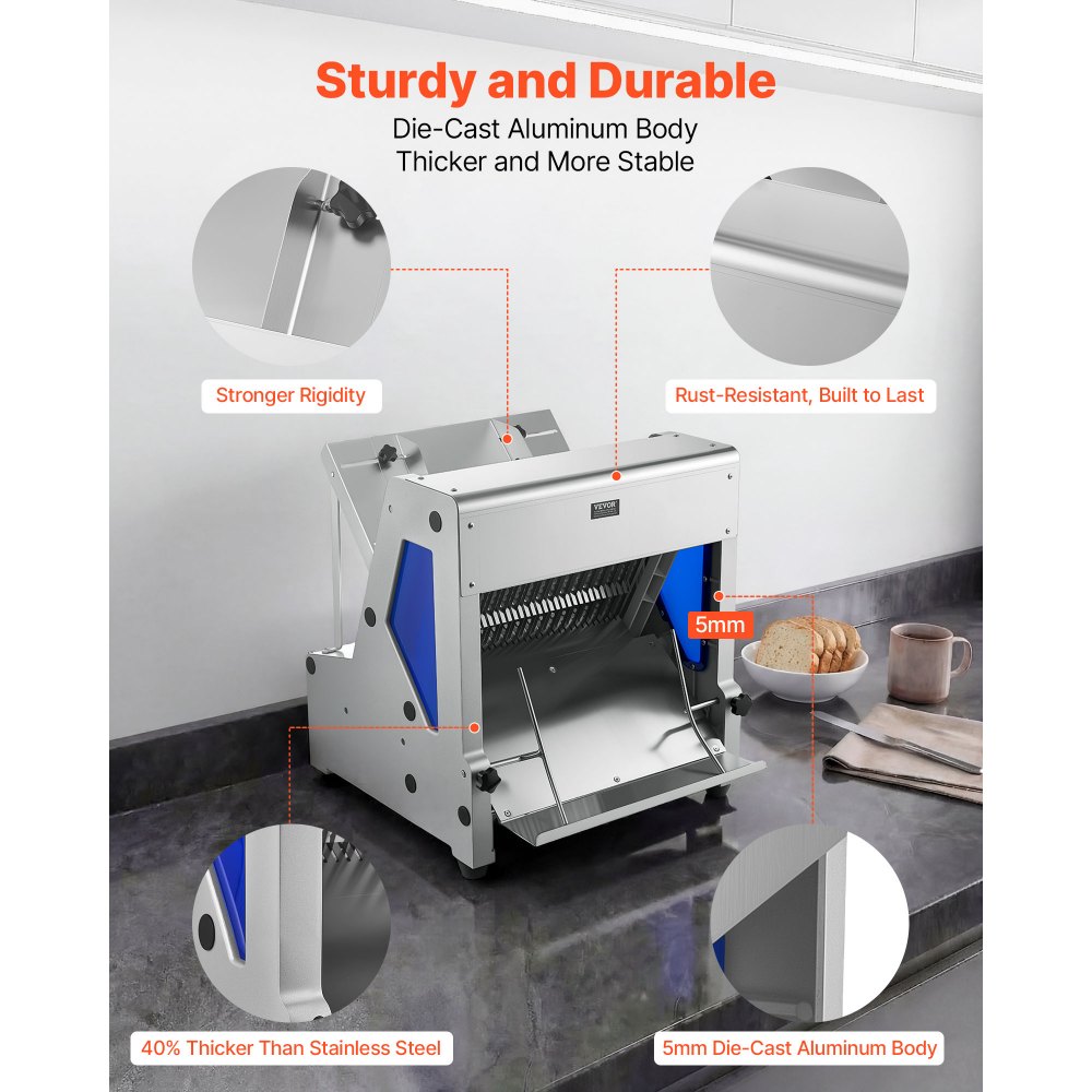 VEVOR Electric Bread Slicer, 370W Bread Slicing Machine, Die-Cast Aluminum Countertop Bread Cutter Machine for 12mm Slice Thickness, Commercial & Home Use for Bakeries Restaurants, 120V