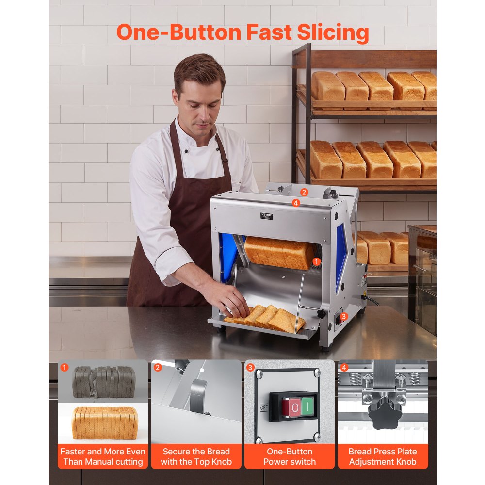 VEVOR Electric Bread Slicer, 370W Bread Slicing Machine, Die-Cast Aluminum Countertop Bread Cutter Machine for 12mm Slice Thickness, Commercial & Home Use for Bakeries Restaurants, 120V