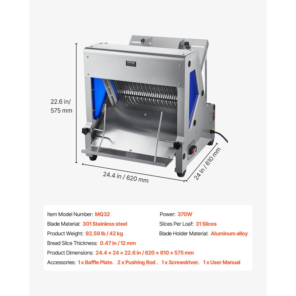 VEVOR Electric Bread Slicer, 370W Bread Slicing Machine, Die-Cast Aluminum Countertop Bread Cutter Machine for 12mm Slice Thickness, Commercial & Home Use for Bakeries Restaurants, 120V