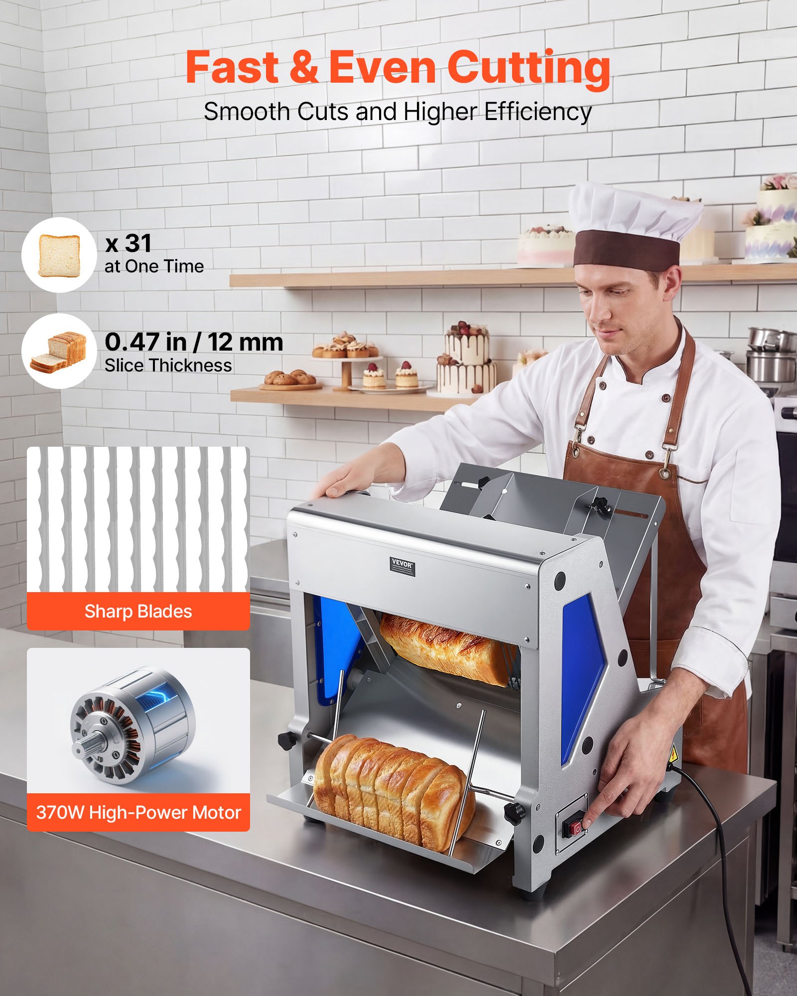 VEVOR Electric Bread Slicer, 370W Bread Slicing Machine, Die-Cast Aluminum Countertop Bread Cutter Machine for 12mm Slice Thickness, Commercial & Home Use for Bakeries Restaurants, 120V