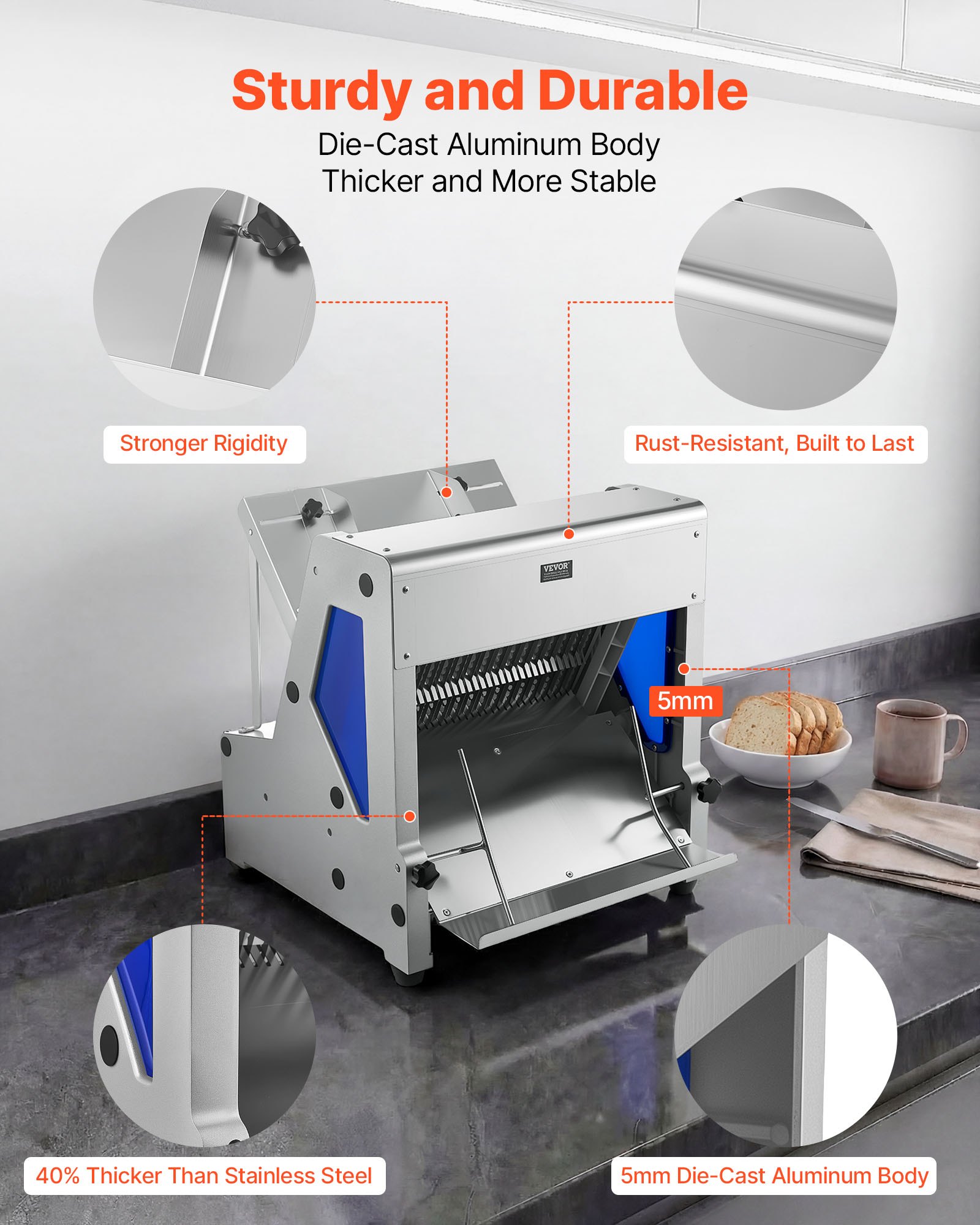 VEVOR Electric Bread Slicer, 370W Bread Slicing Machine, Die-Cast Aluminum Countertop Bread Cutter Machine for 12mm Slice Thickness, Commercial & Home Use for Bakeries Restaurants, 120V