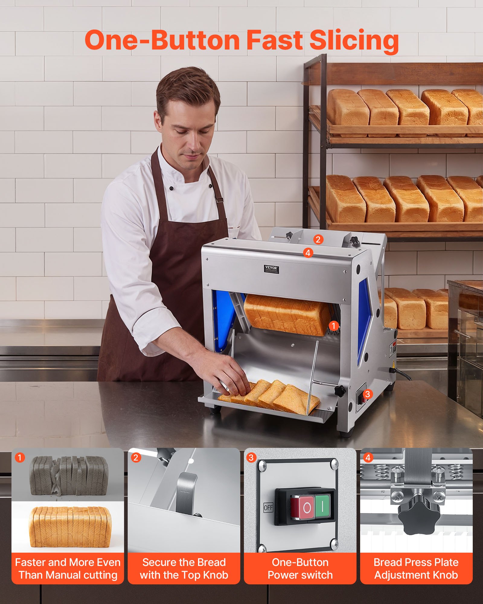 VEVOR Electric Bread Slicer, 370W Bread Slicing Machine, Die-Cast Aluminum Countertop Bread Cutter Machine for 12mm Slice Thickness, Commercial & Home Use for Bakeries Restaurants, 120V