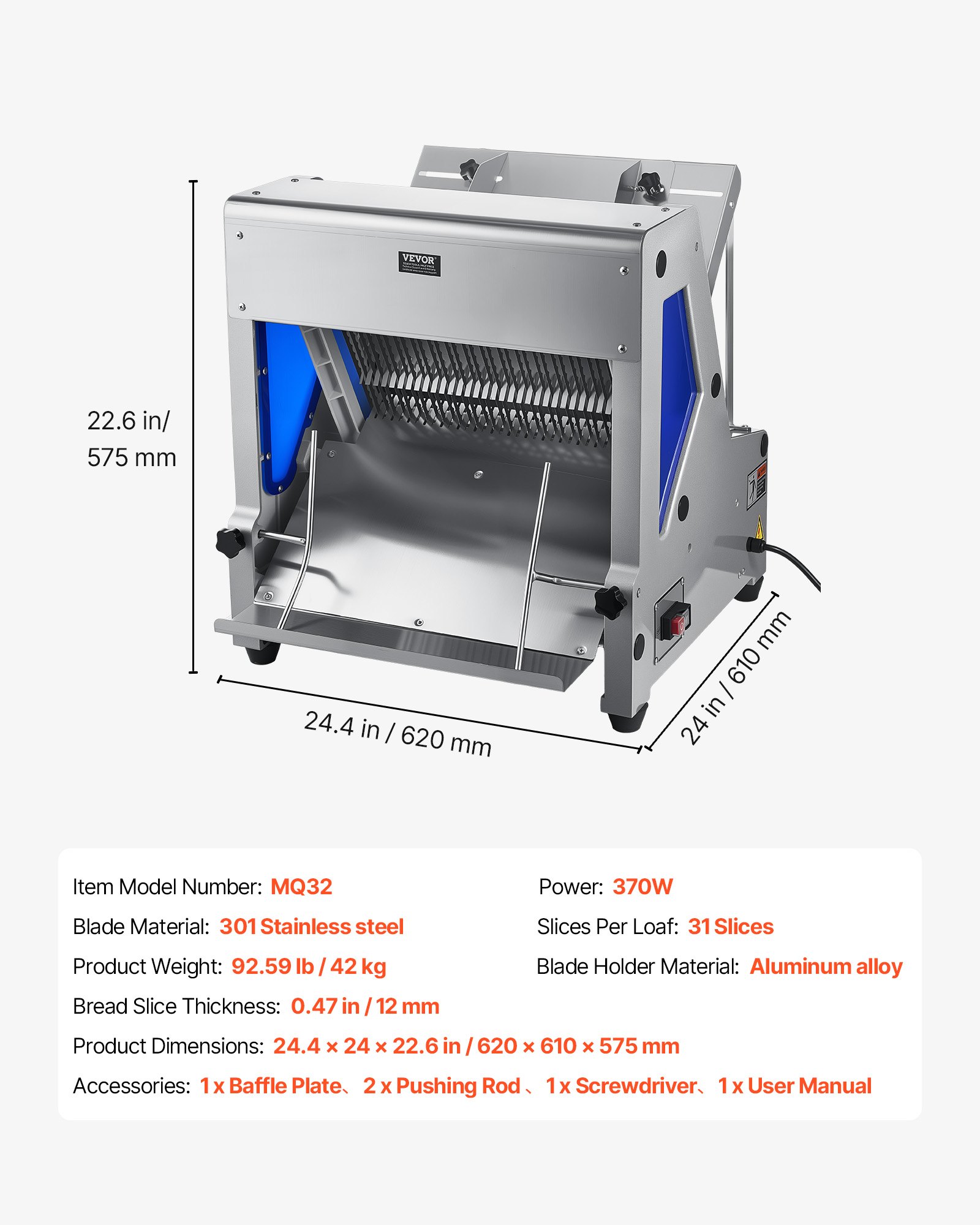 VEVOR Electric Bread Slicer, 370W Bread Slicing Machine, Die-Cast Aluminum Countertop Bread Cutter Machine for 12mm Slice Thickness, Commercial & Home Use for Bakeries Restaurants, 120V