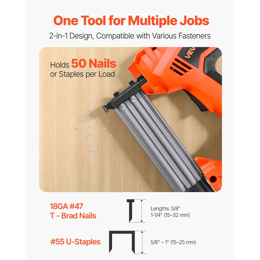 VEVOR Electric Nail Gun, 2-in-1 Staple Gun Brad Nailer, 18 Gauge 1-1/4 inch, Stapler Brad Nailer with 1000 Pcs Staples and 1000 Pcs Nails, Non-Slip Rubber Grip, for Woodworking and DIY Projects