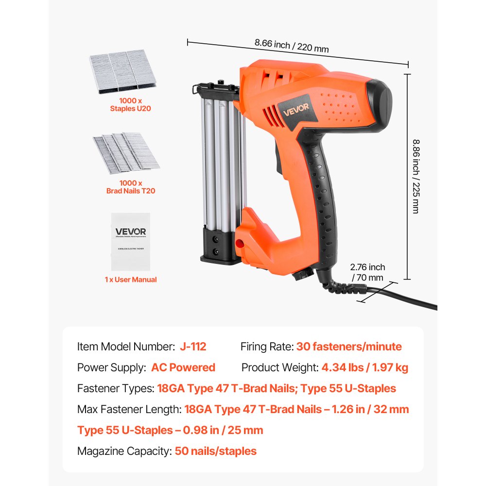 VEVOR Electric Nail Gun, 2-in-1 Staple Gun Brad Nailer, 18 Gauge 1-1/4 inch, Stapler Brad Nailer with 1000 Pcs Staples and 1000 Pcs Nails, Non-Slip Rubber Grip, for Woodworking and DIY Projects