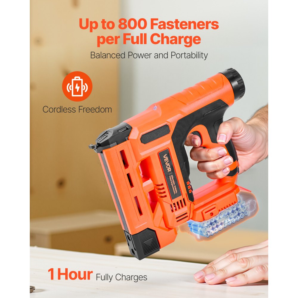 VEVOR Cordless Brad Nailer, 2-in-1 Nail Gun Staple Gun, 18 Gauge 32 mm, Includes 500 Pcs Staples and 500 Pcs Nails, with Battery and Charger, Non-Slip Rubber Grip, for Woodworking DIY Projects