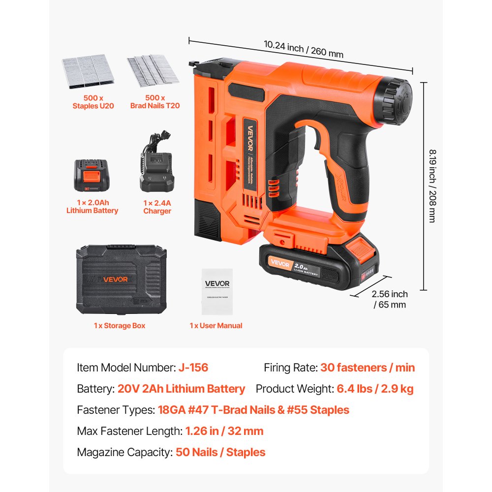 VEVOR Cordless Brad Nailer, 2-in-1 Nail Gun Staple Gun, 18 Gauge 32 mm, Includes 500 Pcs Staples and 500 Pcs Nails, with Battery and Charger, Non-Slip Rubber Grip, for Woodworking DIY Projects