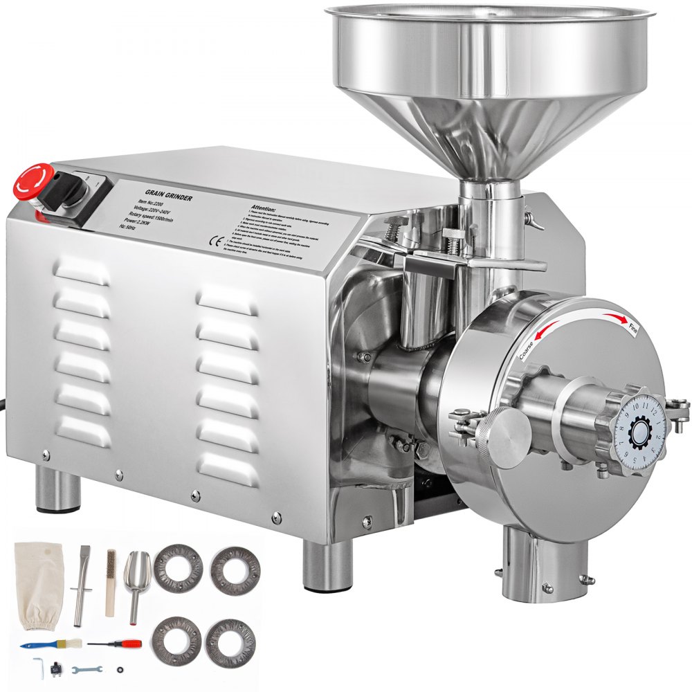 VEVOR Commercial Grinding Machine for Grain 2.2kw, Electric Grain Grinder 30-50kg/h, Powder Grinding Machine 50kg Capacity, Powder Machine Herb Stainless Steel, for Dry Grain Soybean Spice Coffee