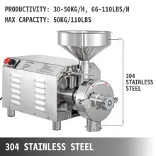 VEVOR Commercial Grinding Machine for Grain 2.2kw, Electric Grain Grinder 30-50kg/h, Powder Grinding Machine 50kg Capacity, Powder Machine Herb Stainless Steel, for Dry Grain Soybean Spice Coffee