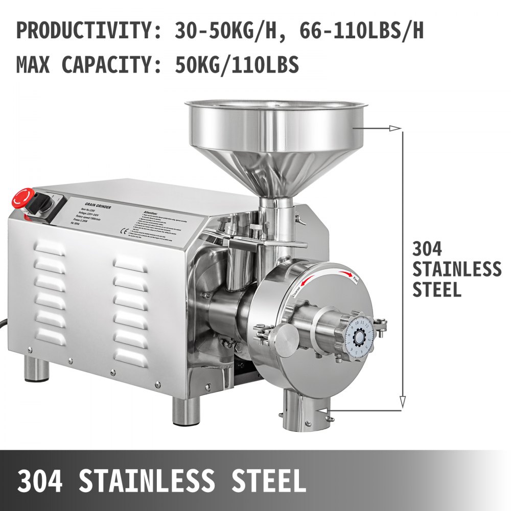 VEVOR Commercial Grinding Machine for Grain 2200W, Electric Grain Grinder 30-50KG/H, Powder Machine Herb Stainless Steel, Powder Grinding Machine 50KG Capacity, for Dry Grain Soybean Spice Coffee Bean