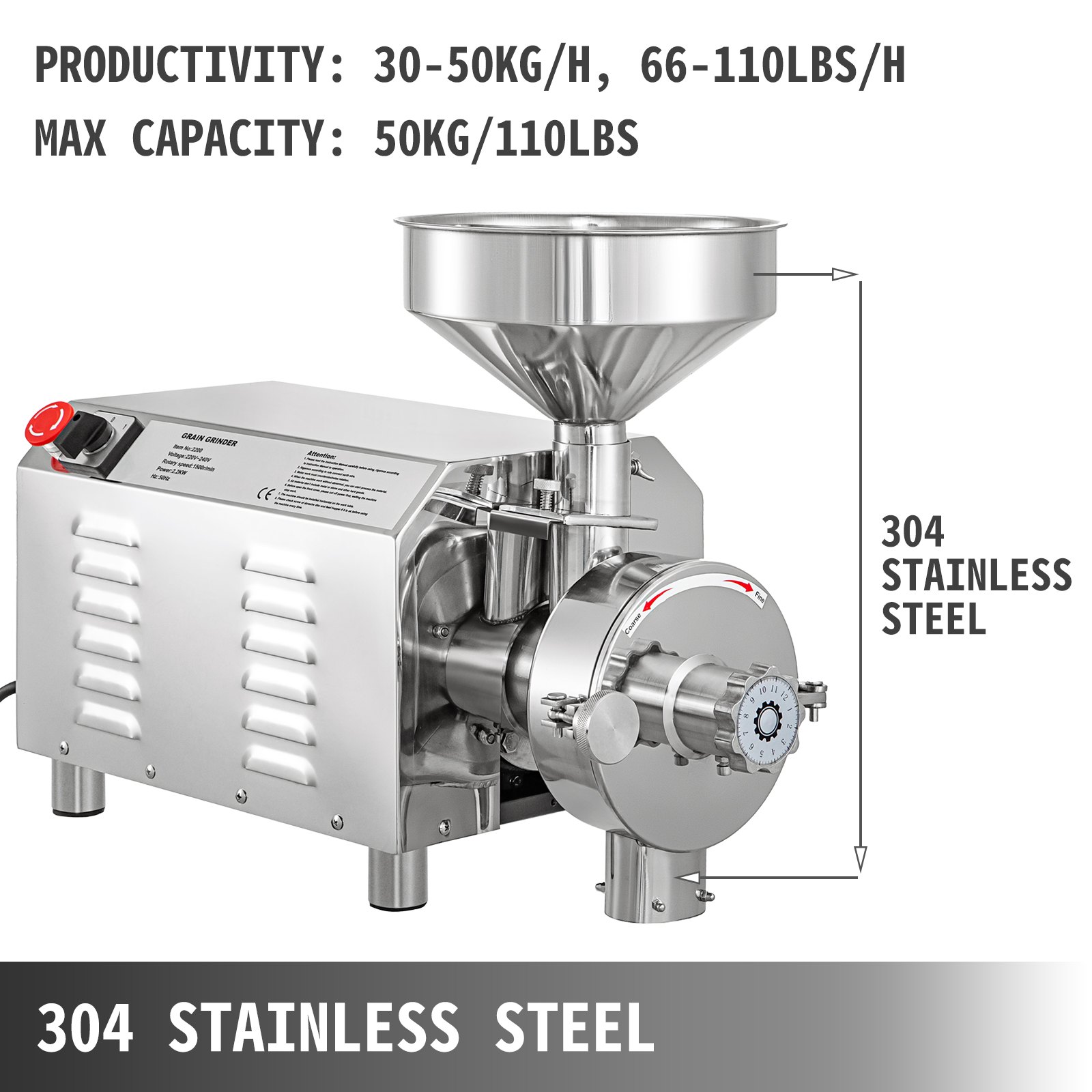 VEVOR Commercial Grinding Machine for Grain 2200W, Electric Grain Grinder 30-50KG/H, Powder Machine Herb Stainless Steel, Powder Grinding Machine 50KG Capacity, for Dry Grain Soybean Spice Coffee Bean