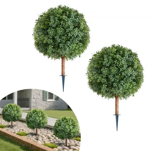 VEVOR Artificial Topiary Boxwood Trees with Ground Spike, 2 Set 686mm Faux Shrubs & Bushes Potted Plants, Fake Silk Tree Look Real for Decor Front Porch Outdoor Indoor Patio Garden Balcony Backyard