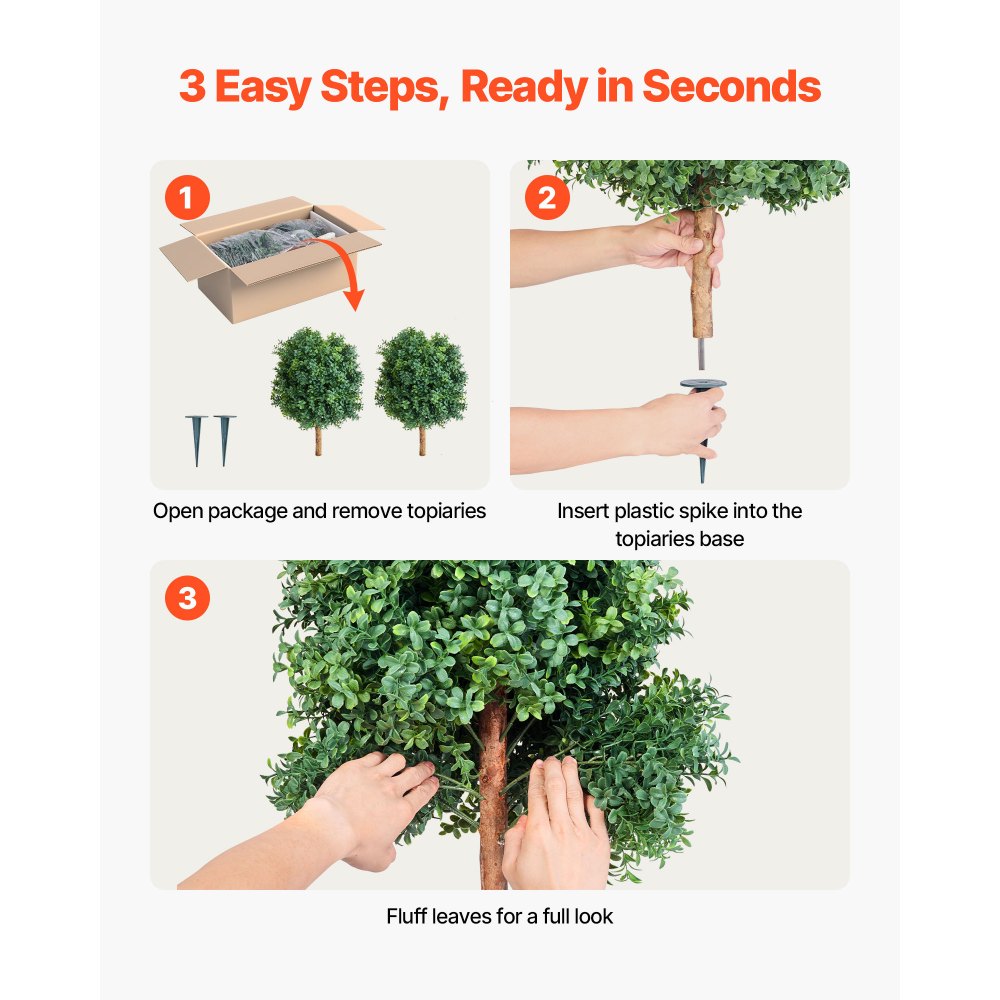 VEVOR Artificial Topiary Boxwood Trees with Ground Spike, 2 Set 686mm Faux Shrubs & Bushes Potted Plants, Fake Silk Tree Look Real for Decor Front Porch Outdoor Indoor Patio Garden Balcony Backyard