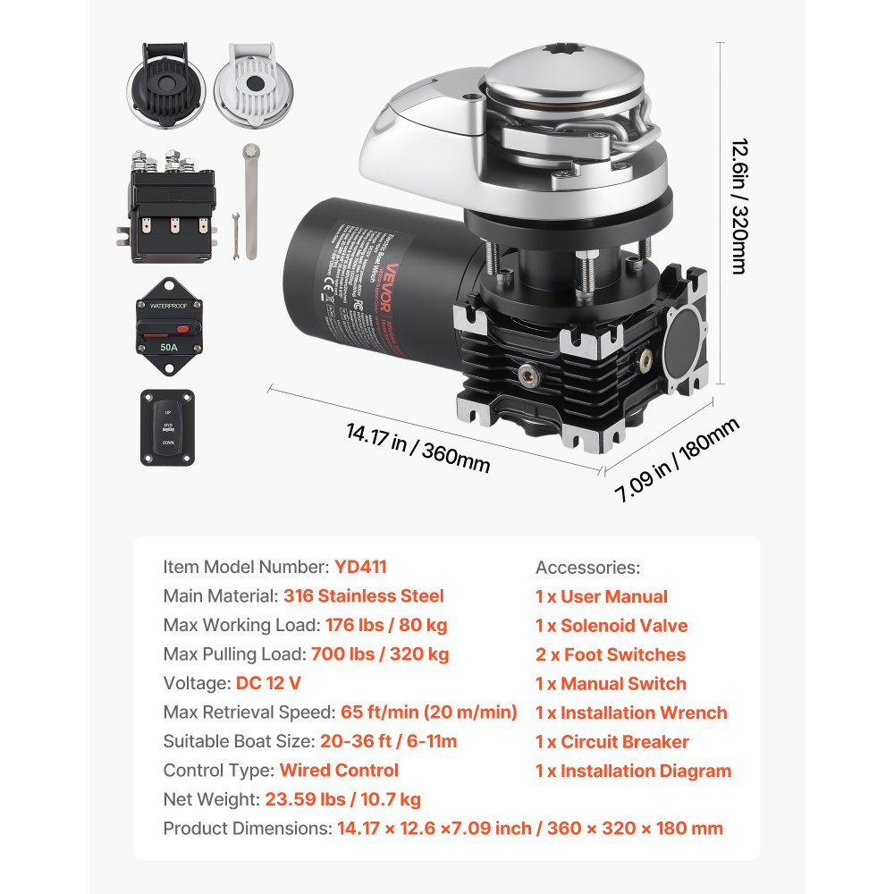 VEVOR Vertical Fishing Windlass, 12V DC 600W, Windlass Anchor Systems Fit for 6.35 mm Chain or 14.3 & 15.9 mm Nylon Rope, Max Pull 320 kg, 316 Stainless Steel Construction, for Boats 6-11 m