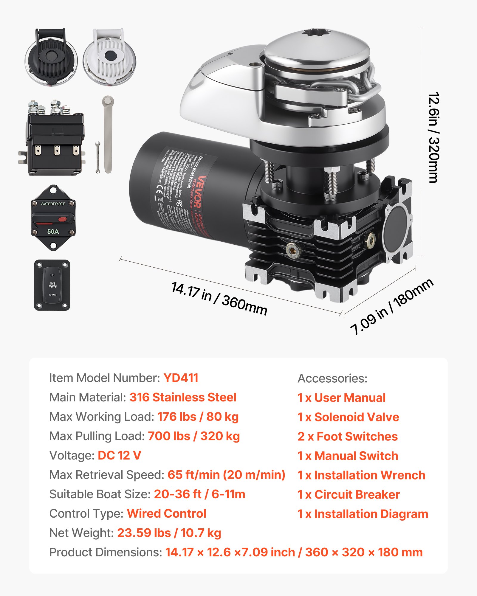 VEVOR Vertical Fishing Windlass, 12V DC 600W, Windlass Anchor Systems Fit for 6.35 mm Chain or 14.3 & 15.9 mm Nylon Rope, Max Pull 320 kg, 316 Stainless Steel Construction, for Boats 6-11 m