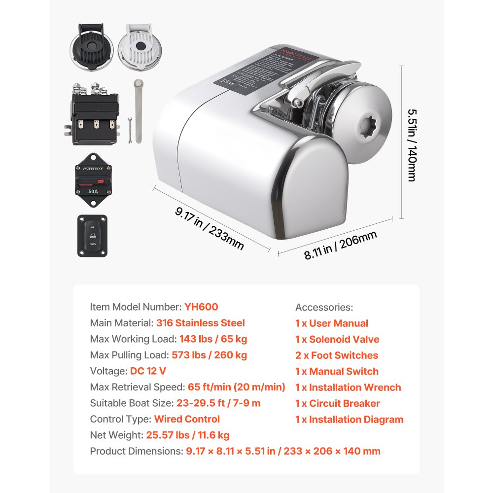 VEVOR Horizontal Fishing Windlass, 12V DC 600W, Windlass Anchor Systems Fit for 6.35 mm Chain or 14.3 & 15.9 mm Nylon Rope, Max Pull 260 kg, 316 Stainless Steel Construction, for Boats 7-9 m