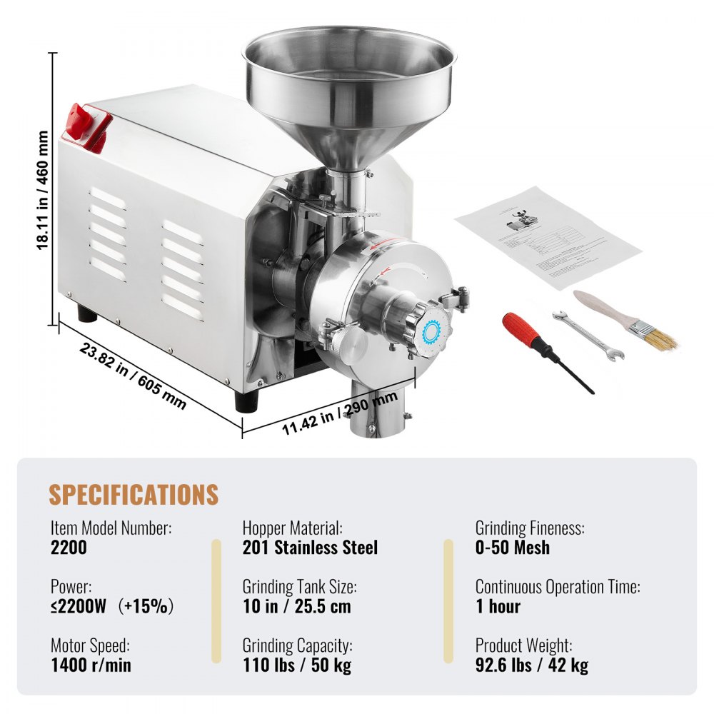 VEVOR Soybean Grinder Commercial Grinding Machine for Spices 2200W Corn Mill Grinder 50 KG/H Stainless Steel Corn Grinder Industrial Flour Milling Machine for Pepper Soybean Peanut Corn Grains