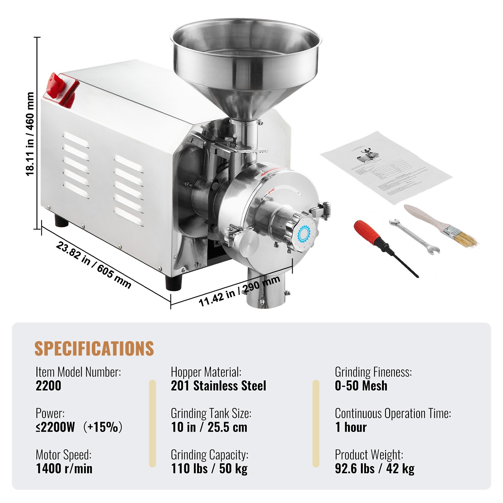 VEVOR Soybean Grinder Commercial Grinding Machine for Spices 2200W Corn Mill Grinder 50 KG/H Stainless Steel Corn Grinder Industrial Flour Milling Machine for Pepper Soybean Peanut Corn Grains