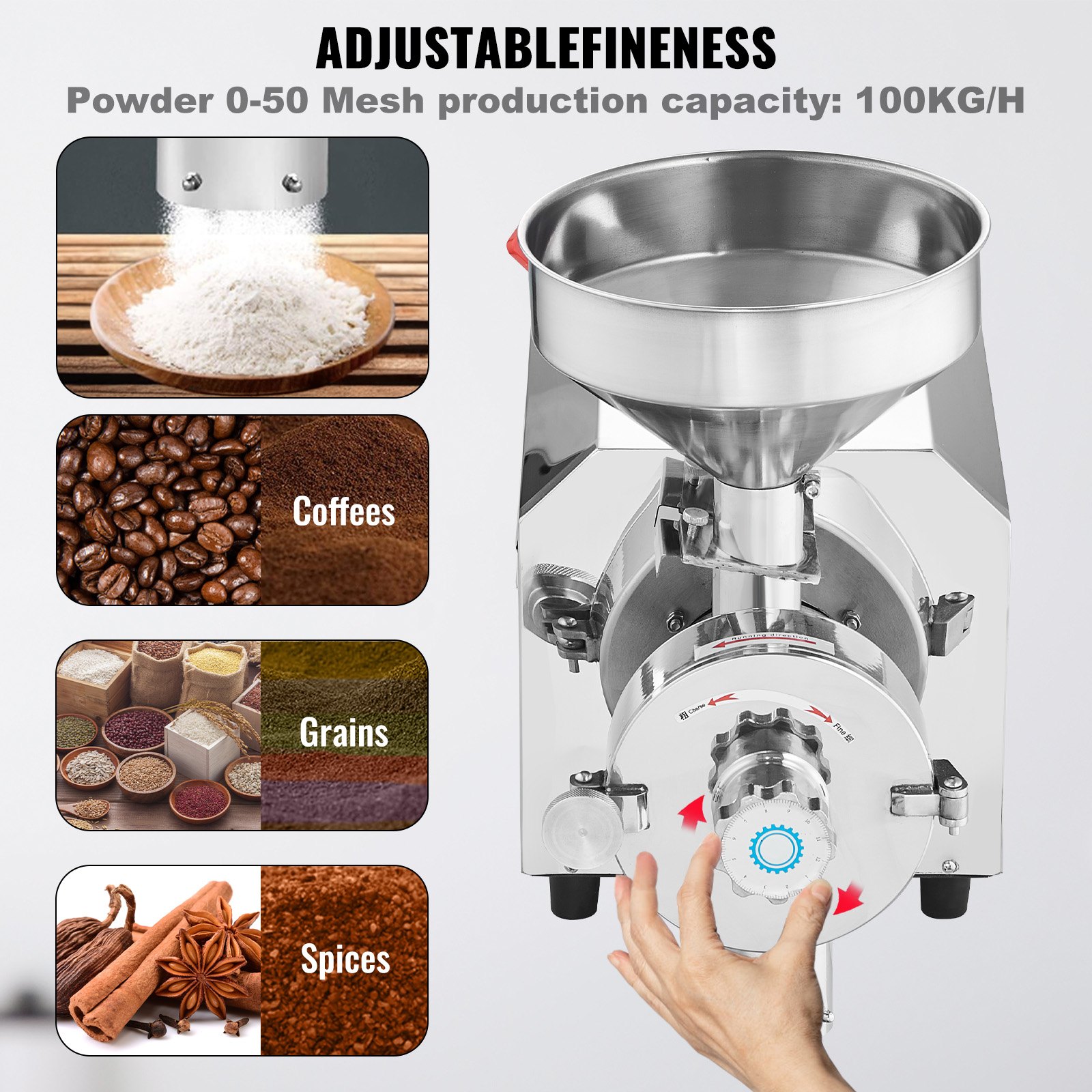 VEVOR Soybean Grinder Commercial Grinding Machine for Spices 3000W Corn Mill Grinder 100 KG/H Stainless Steel Corn Grinder Industrial Flour Milling Machine for Pepper Soybean Peanut Corn Grains