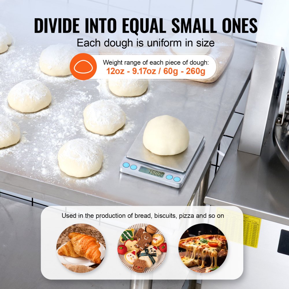 VEVOR Electric Dough Divider, 20PCS Automatic Dough Dividing Cutting Machine, 2.12oz - 9.17oz Equal Dough Cutter with Pure Copper Motor and 304 Stainless Steel Tray, for Bakery, Restaurant