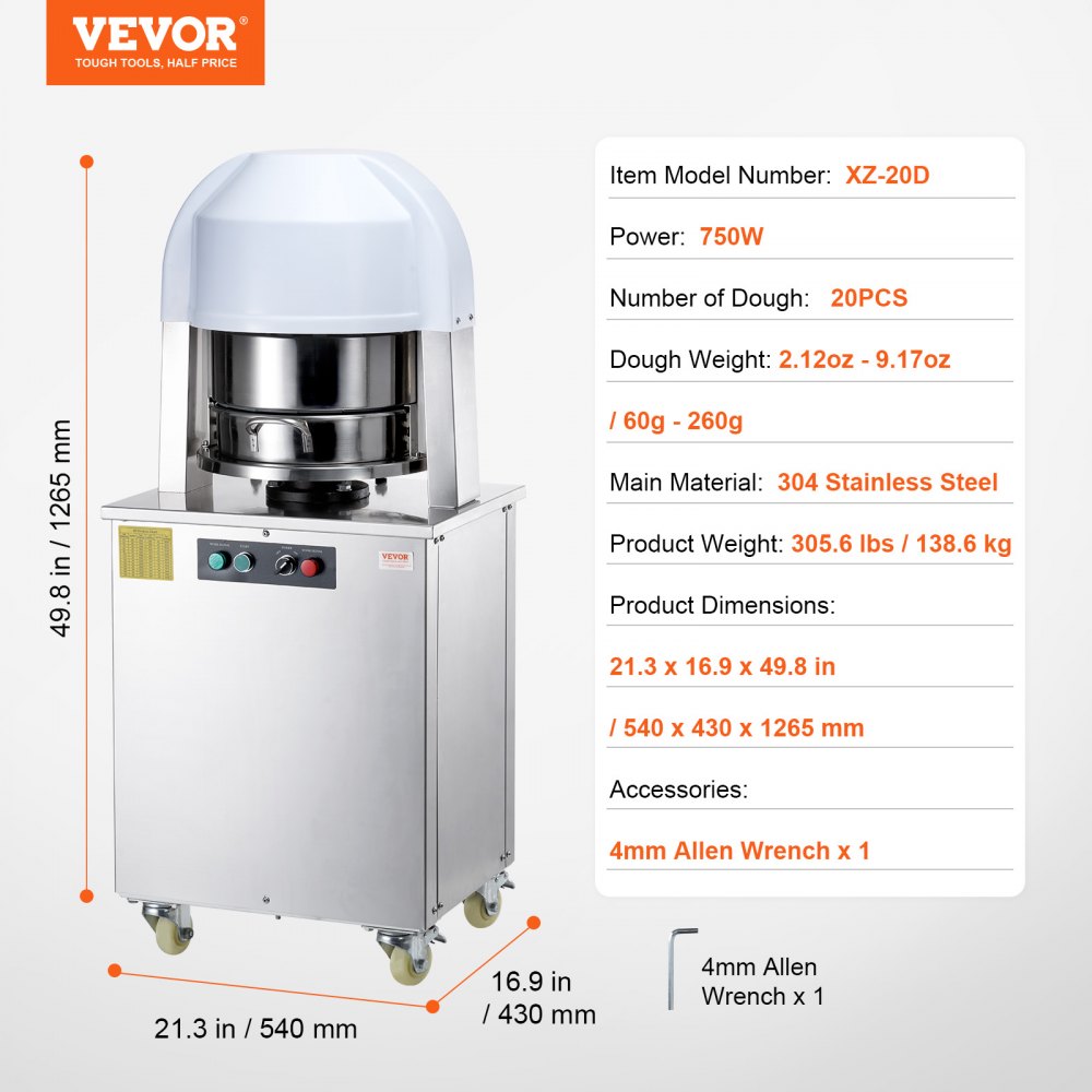 VEVOR Electric Dough Divider, 20PCS Automatic Dough Dividing Cutting Machine, 2.12oz - 9.17oz Equal Dough Cutter with Pure Copper Motor and 304 Stainless Steel Tray, for Bakery, Restaurant