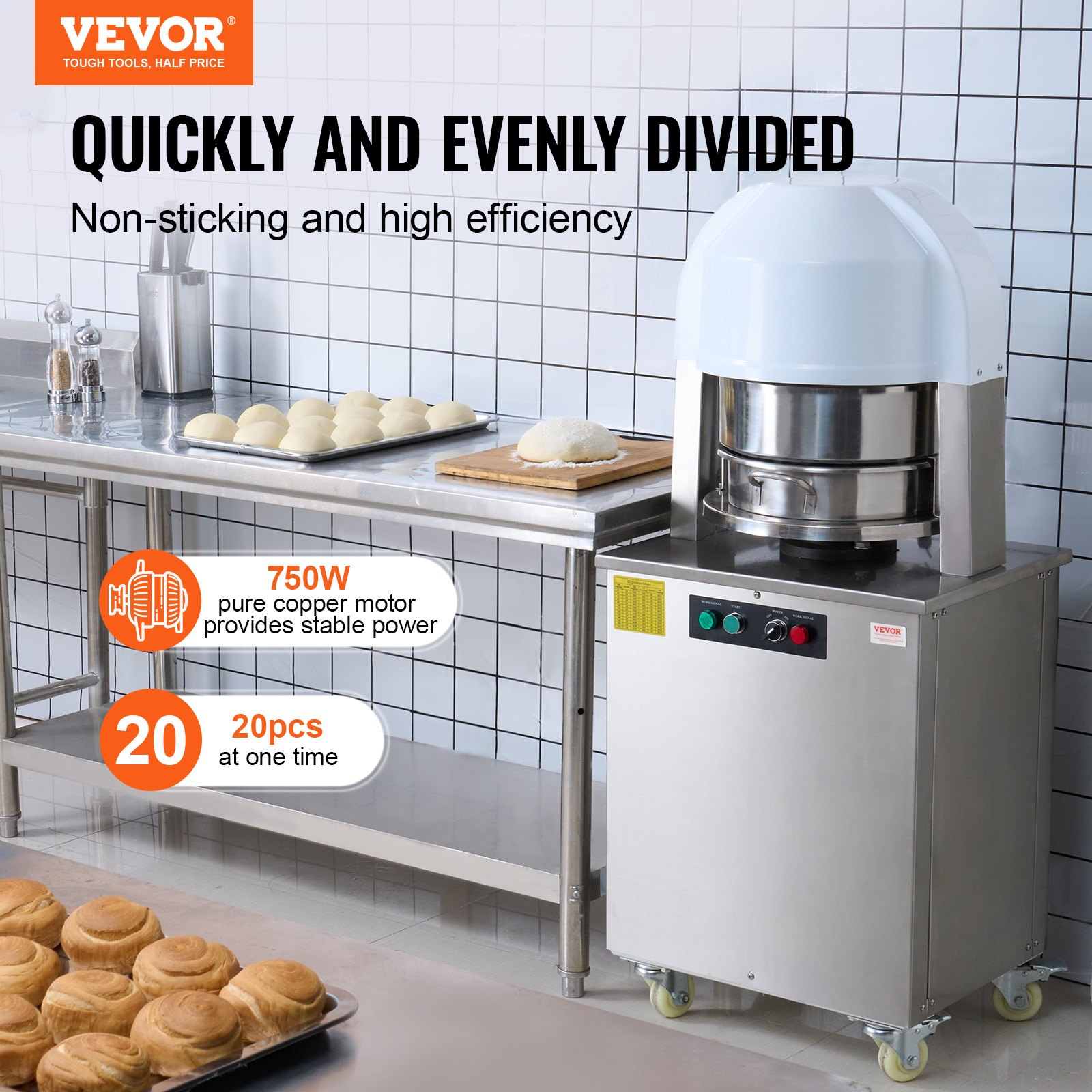 VEVOR Electric Dough Divider, 20PCS Automatic Dough Dividing Cutting Machine, 2.12oz - 9.17oz Equal Dough Cutter with Pure Copper Motor and 304 Stainless Steel Tray, for Bakery, Restaurant