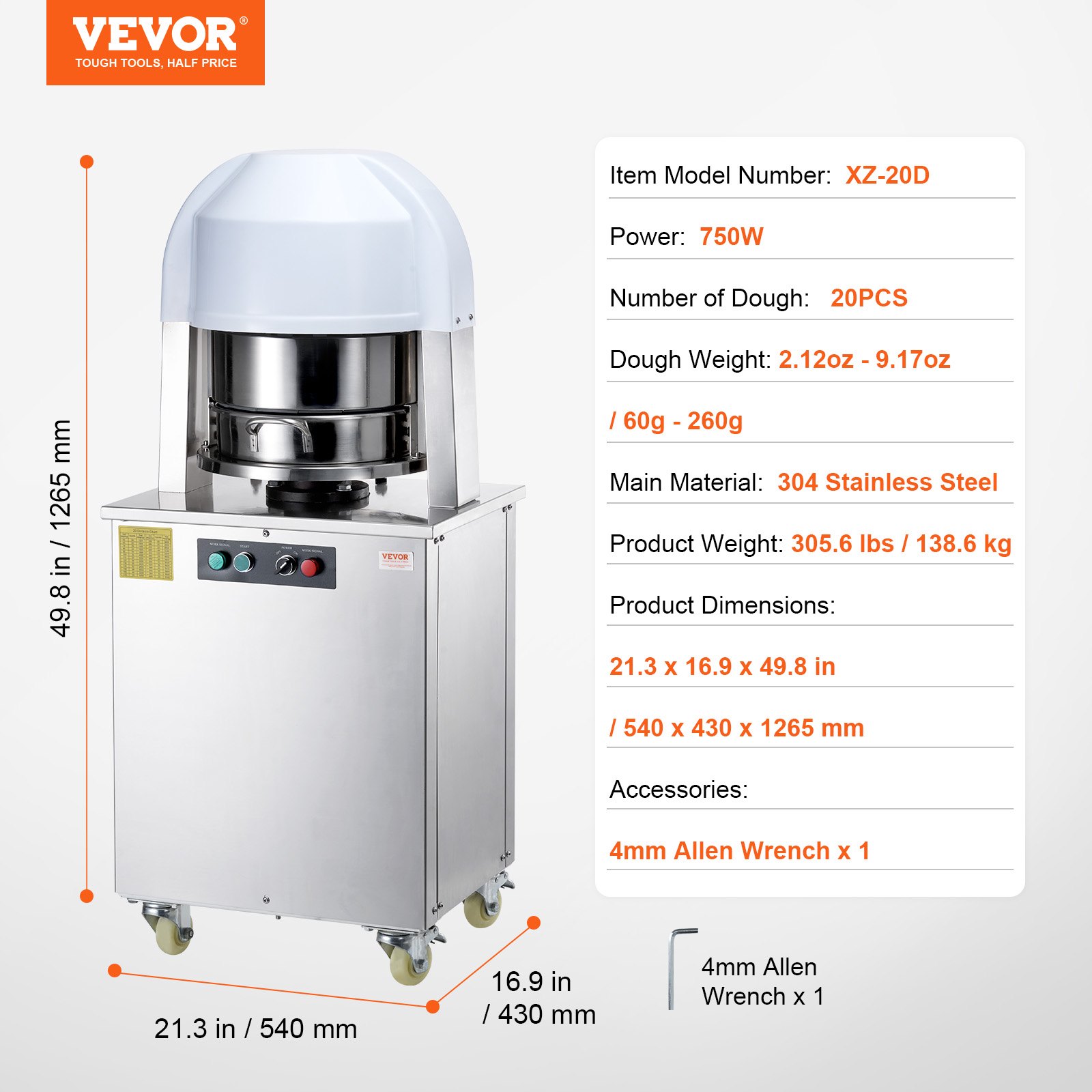 VEVOR Electric Dough Divider, 20PCS Automatic Dough Dividing Cutting Machine, 2.12oz - 9.17oz Equal Dough Cutter with Pure Copper Motor and 304 Stainless Steel Tray, for Bakery, Restaurant