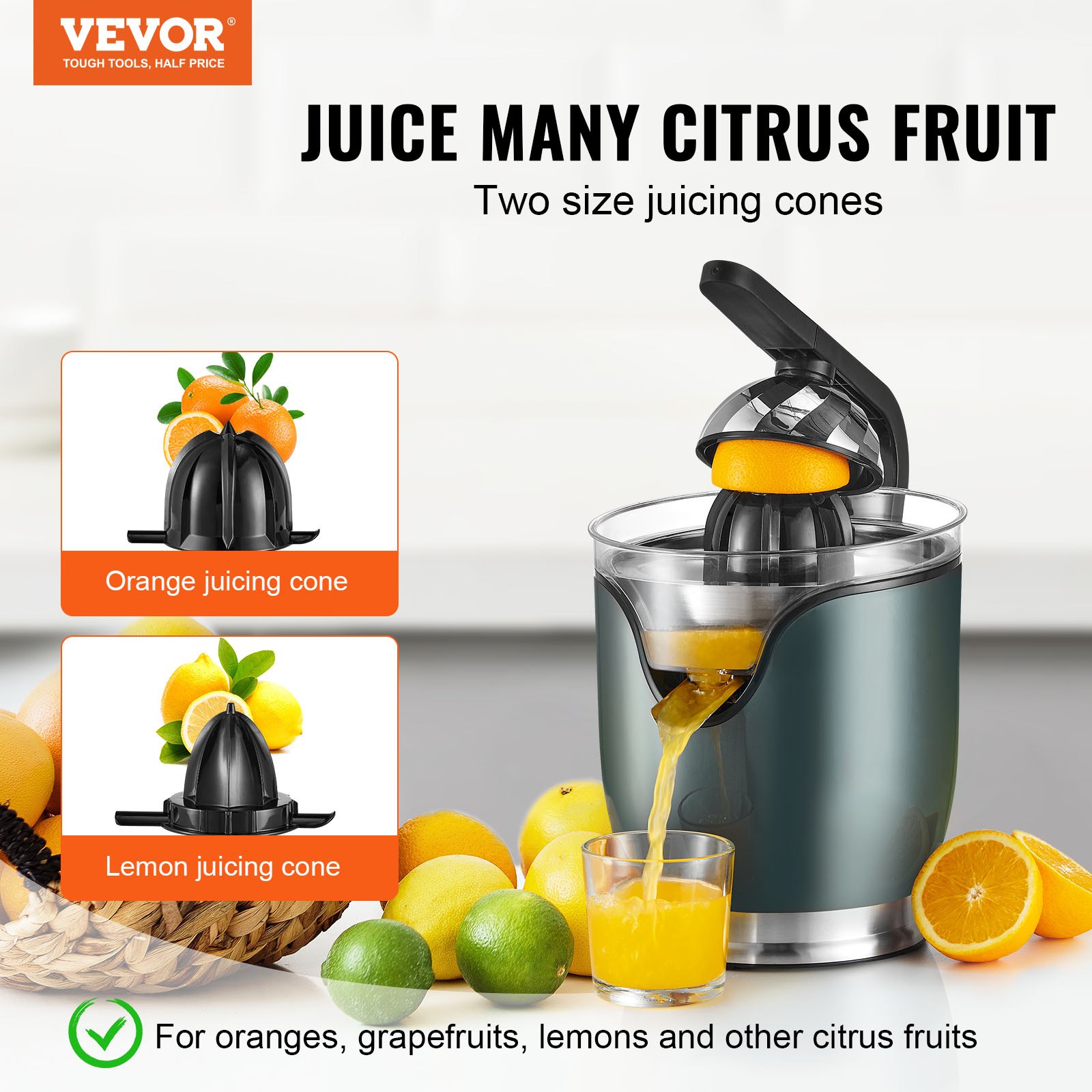 VEVOR Electric Citrus Juicer, Orange Juice Squeezer with Two Size Juicing Cones, 150W Stainless Steel Orange Juice Maker with Soft Grip Handle, For Oranges, Grapefruits, Lemons and Other Citrus Fruits