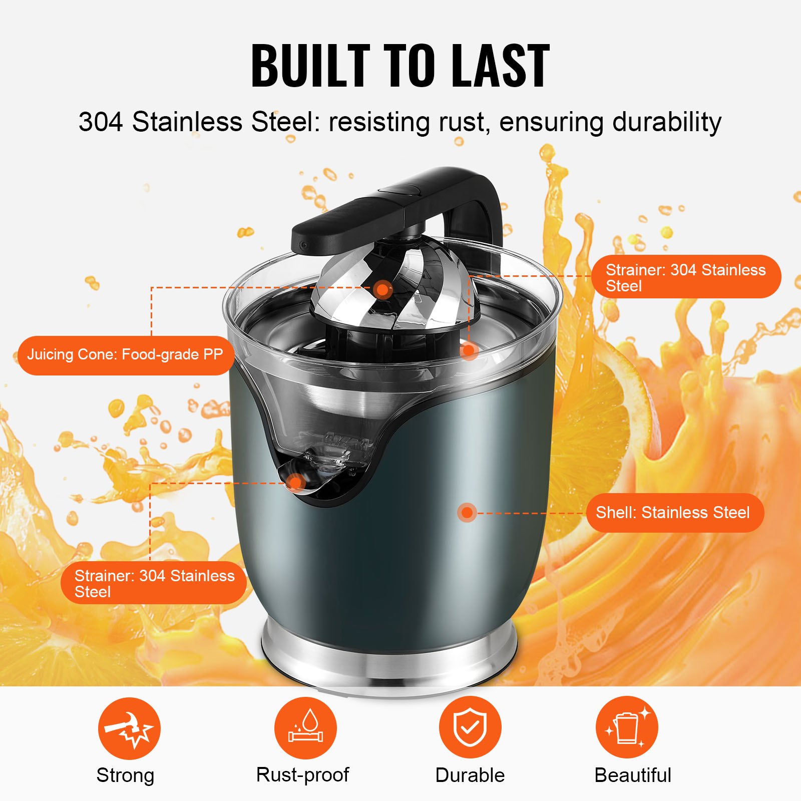 VEVOR Electric Citrus Juicer, Orange Juice Squeezer with Two Size Juicing Cones, 150W Stainless Steel Orange Juice Maker with Soft Grip Handle, For Oranges, Grapefruits, Lemons and Other Citrus Fruits