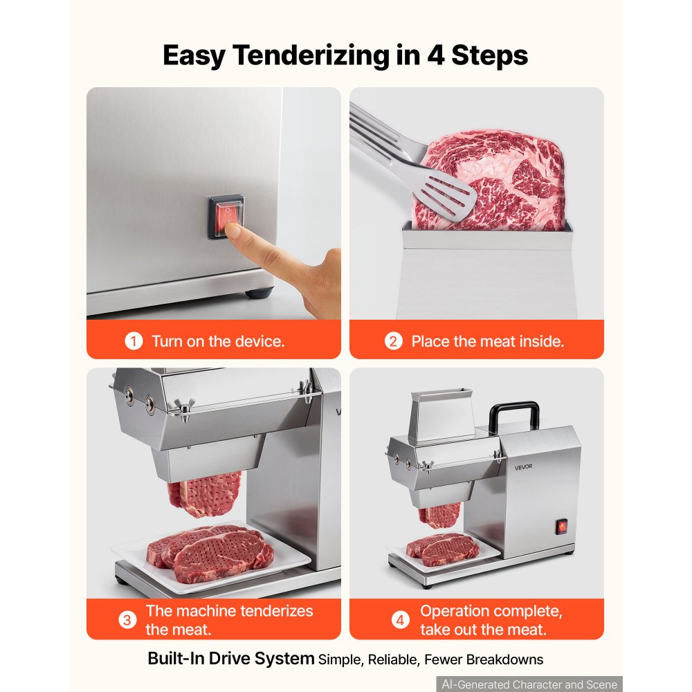 VEVOR Commercial Meat Tenderizer, 450W Electric Beef Machine 120 KG/H, for Turkey Chicken Pork, Heavy Duty Stainless Steel Kitchen Tool with 54 Blades, Food Tong, Cleaning Brush, Wide Feed Chute