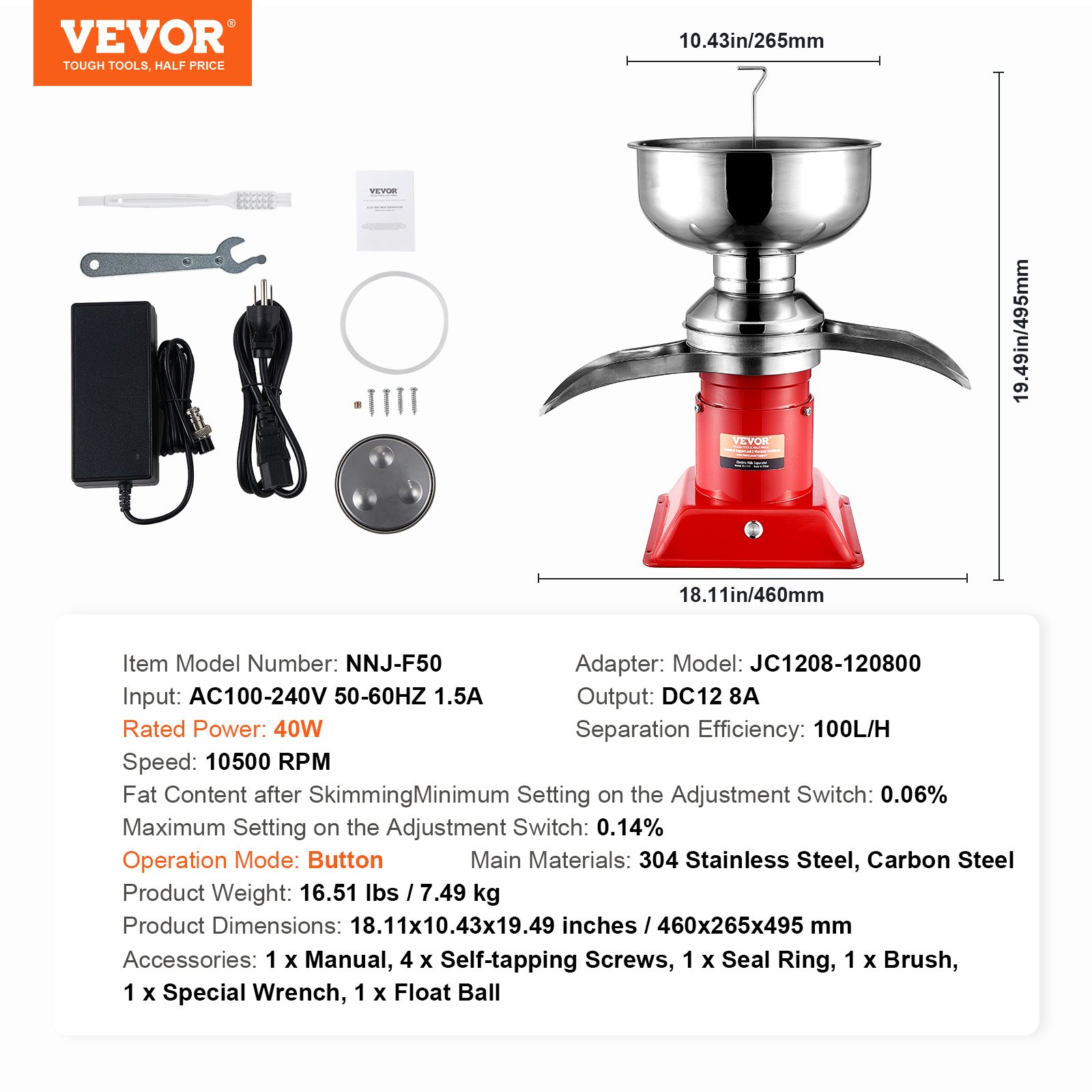 VEVOR Odstředivý separátor mléčné smetany Elektrický separátor smetany 100L/H 100-240V