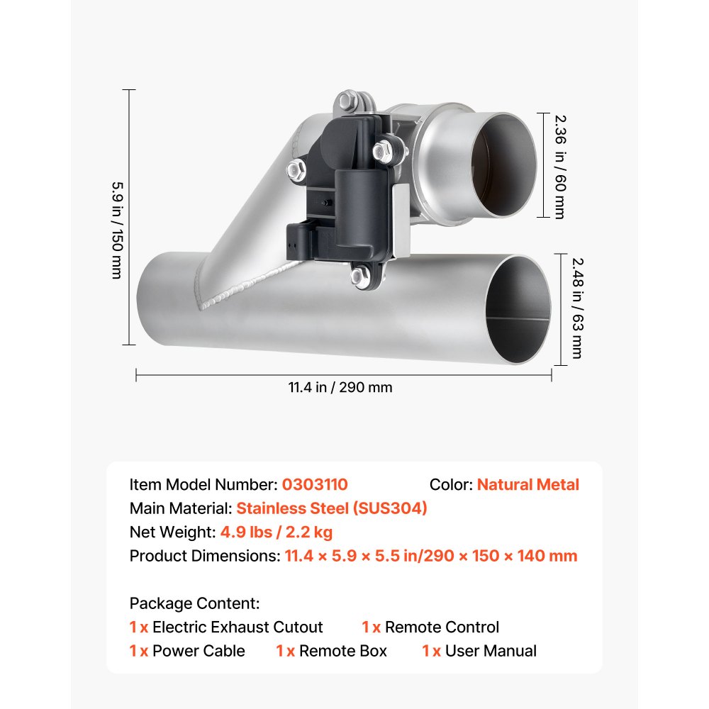 VEVOR Electric Exhaust Cutout, 63.5 mm Universal Stainless Steel Exhaust Valve Kit with One Controller Remote Kit, Cut Out Valve, Y Pipe, Remote Control & Box, Fits Trucks, Sedans, Sports Cars, SUVs