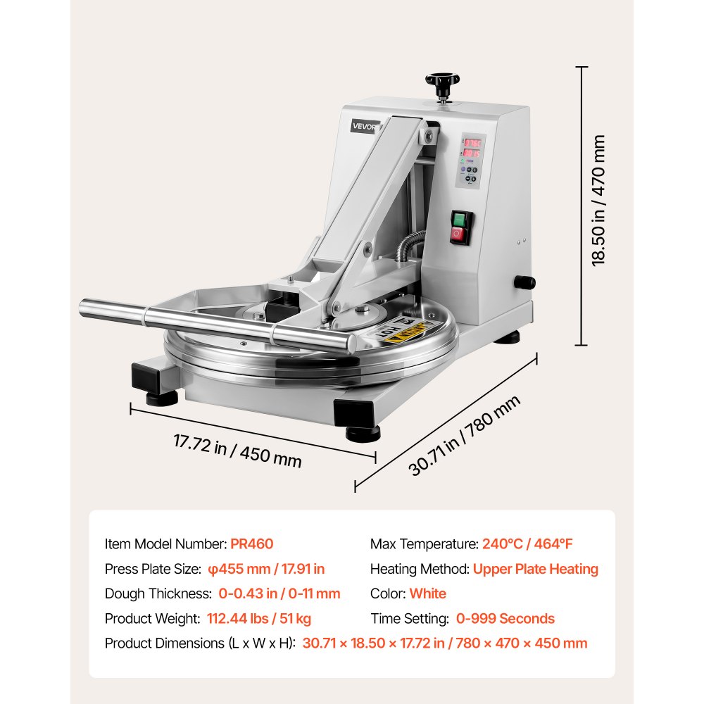 VEVOR Commercial Pizza Dough Press Machine 18 in Electric Dough Sheeter, Ideal for Bakery Home Restaurant Use, 1200W Cast Aluminum Pastry Press Plate, Adjustable Thickness Bread Forming Presser