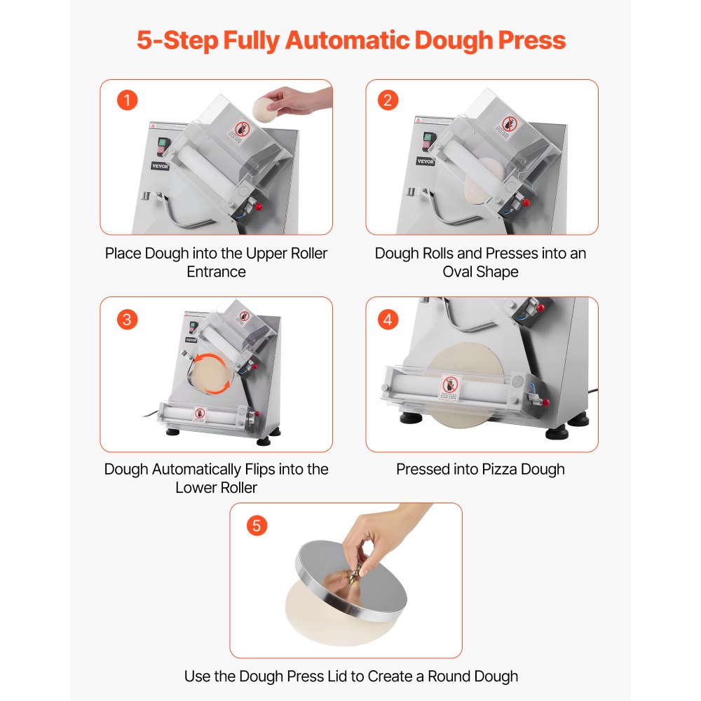 VEVOR Pizza Dough Roller Sheeter, 3-14 Inch Automatic Stainless Steel Pizza Press, Commercial Electric 370W Pasta Maker Machine, 260 pcs Per Hour, Adjustable Thickness, with Dough Press Lid