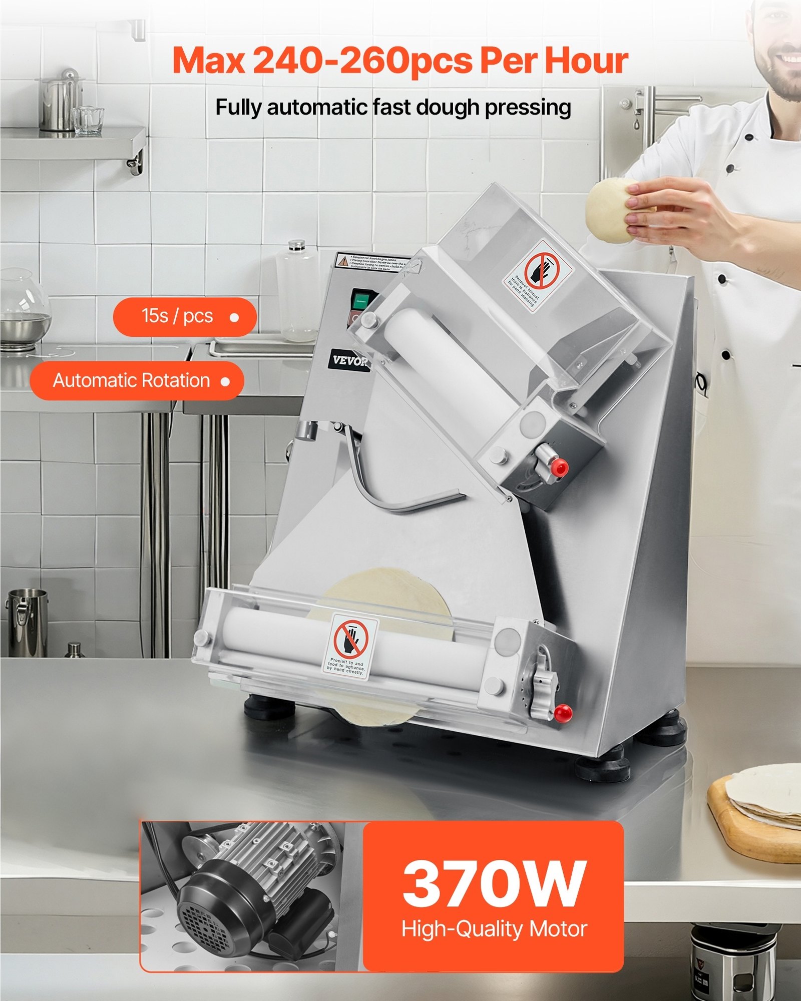 VEVOR Pizza Dough Roller Sheeter, 3-14 Inch Automatic Stainless Steel Pizza Press, Commercial Electric 370W Pasta Maker Machine, 260 pcs Per Hour, Adjustable Thickness, with Dough Press Lid