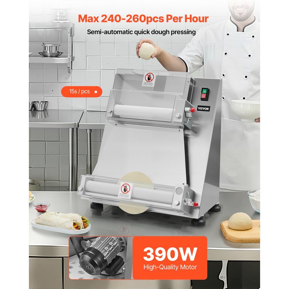 VEVOR Pizza Dough Roller Sheeter, 3-16 Inch Semi-automatic Stainless Steel Pizza Press, Commercial Electric 390W Pasta Maker Machine, 260 pcs Per Hour, Adjustable Thickness, with Dough Press Lid