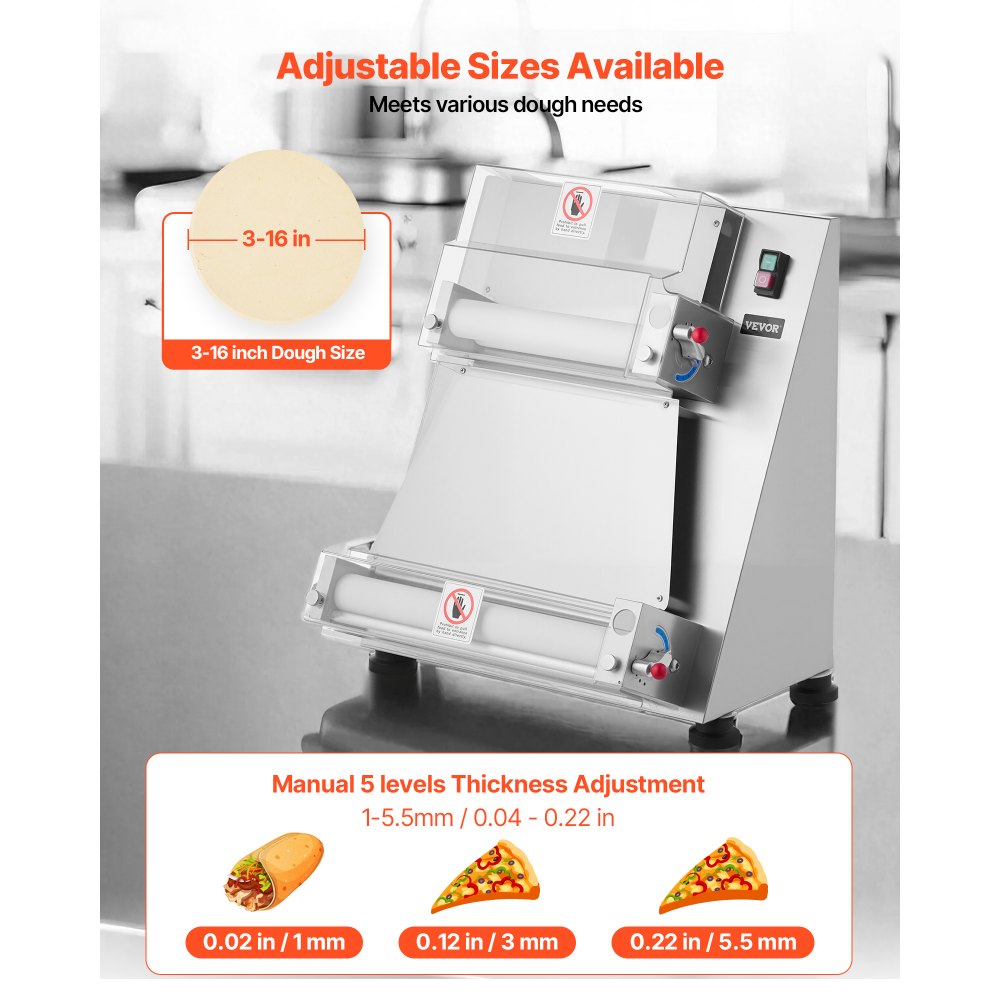 VEVOR Pizza Dough Roller Sheeter, 3-16 Inch Semi-automatic Stainless Steel Pizza Press, Commercial Electric 390W Pasta Maker Machine, 260 pcs Per Hour, Adjustable Thickness, with Dough Press Lid