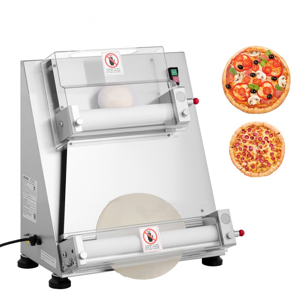 VEVOR Pizza Dough Roller Sheeter, 3-16 Inch Semi-automatic Stainless Steel Pizza Press, Commercial Electric 390W Pasta Maker Machine, 260 pcs Per Hour, Adjustable Thickness, with Dough Press Lid