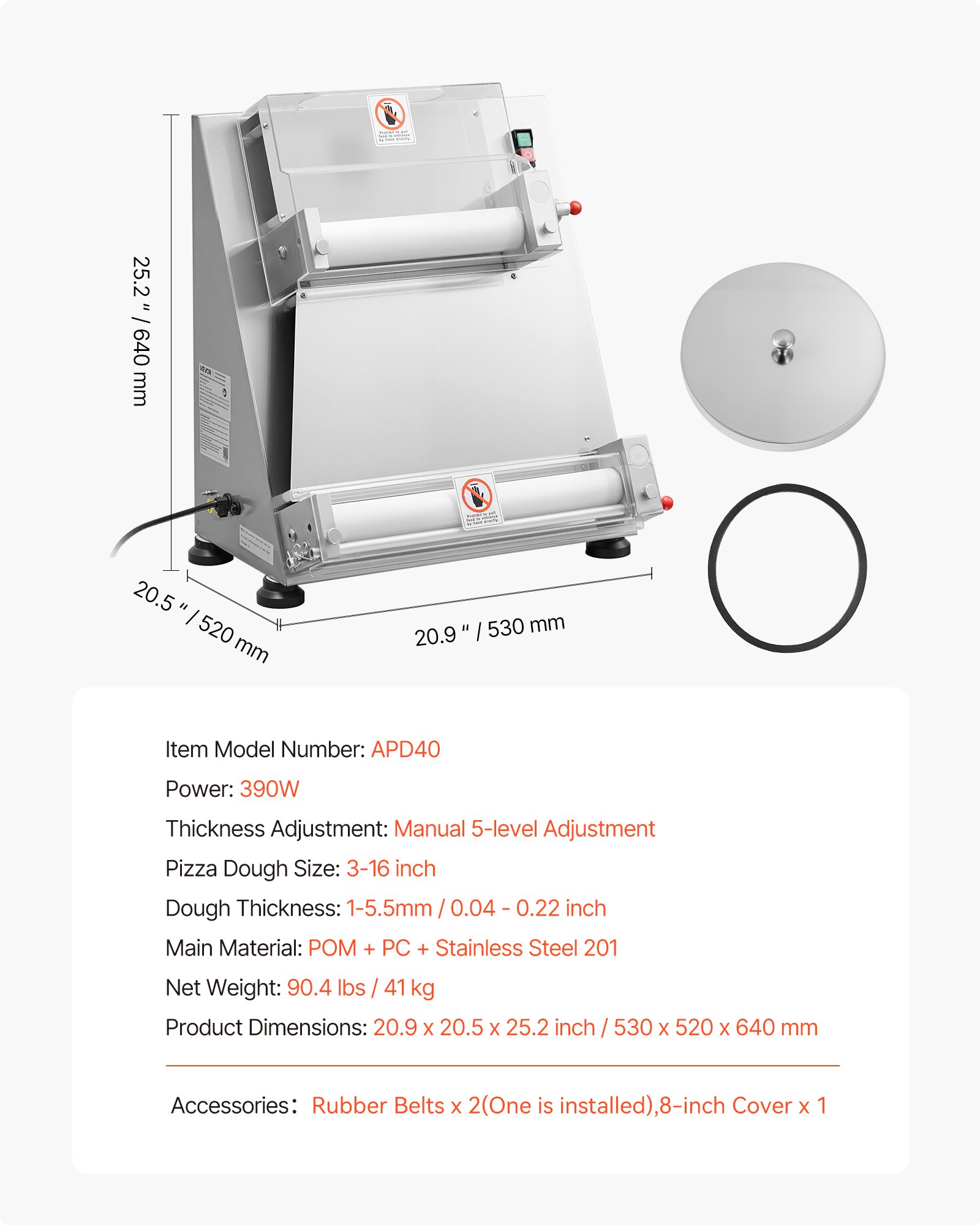 VEVOR Pizza Dough Roller Sheeter, 3-16 Inch Semi-automatic Stainless Steel Pizza Press, Commercial Electric 390W Pasta Maker Machine, 260 pcs Per Hour, Adjustable Thickness, with Dough Press Lid