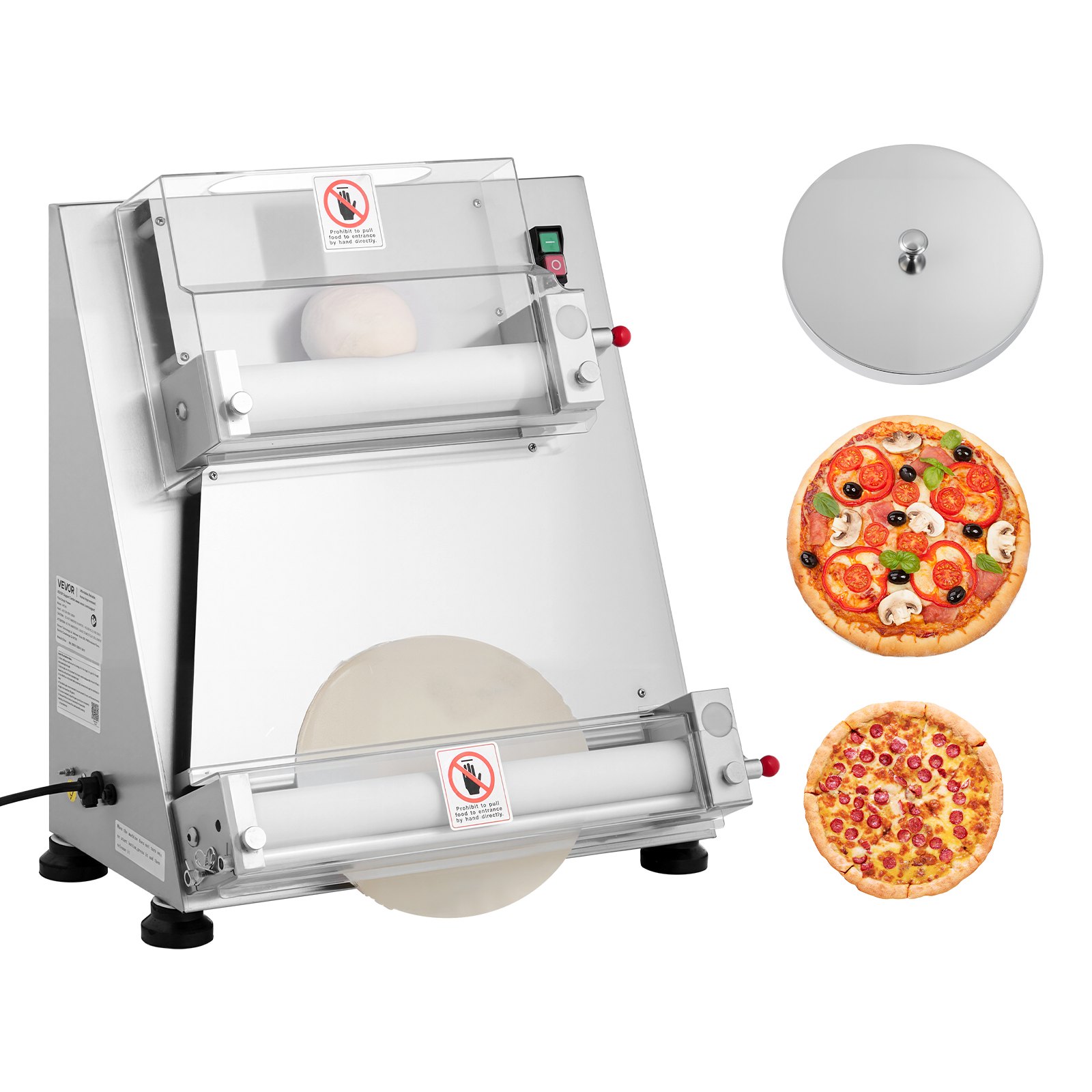 VEVOR Pizza Dough Roller Sheeter, 3-16 Inch Semi-automatic Stainless Steel Pizza Press, Commercial Electric 390W Pasta Maker Machine, 260 pcs Per Hour, Adjustable Thickness, with Dough Press Lid