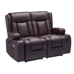 VEVOR Loveseat Recliner Sofa, Power Reclining Couch with Heating & Massage and Timer, PU Leather Electric Recliner Sofa with USB Ports, Cup Holders and Side Bags, Dual Loveseat Chair for Living Room | VEVOR US