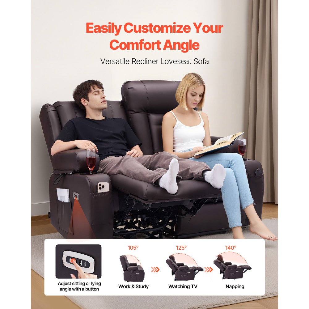 VEVOR Loveseat Recliner Sofa, Power Reclining Couch with Heating & Massage and Timer, PU Leather Electric Recliner Sofa with USB Ports, Cup Holders and Side Bags, Dual Loveseat Chair for Living Room
