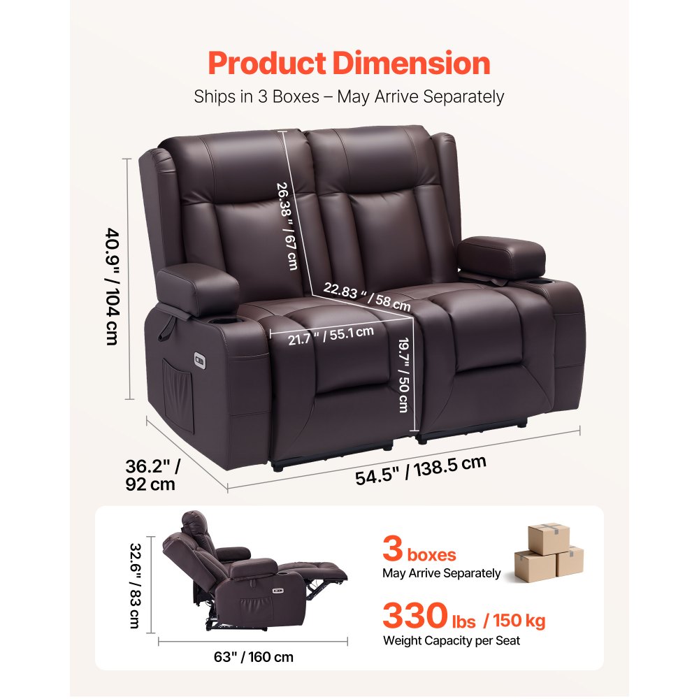 VEVOR Loveseat Recliner Sofa, Power Reclining Couch with Heating & Massage and Timer, PU Leather Electric Recliner Sofa with USB Ports, Cup Holders and Side Bags, Dual Loveseat Chair for Living Room
