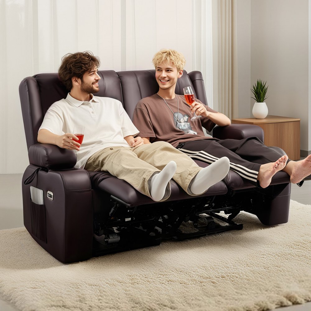 VEVOR Loveseat Recliner Sofa, Power Reclining Couch with Heating & Massage and Timer, PU Leather Electric Recliner Sofa with USB Ports, Cup Holders and Side Bags, Dual Loveseat Chair for Living Room