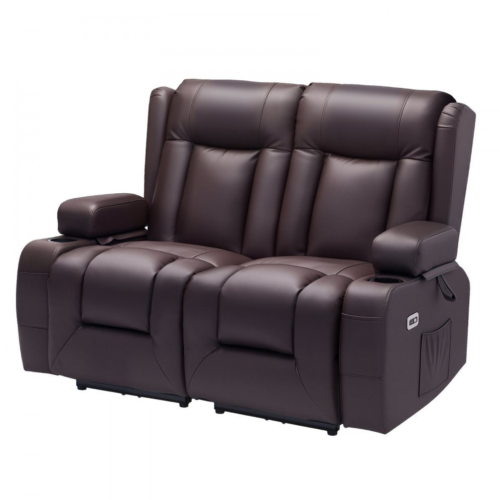 VEVOR Loveseat Recliner Sofa, Power Reclining Couch with Heating & Massage and Timer, PU Leather Electric Recliner Sofa with USB Ports, Cup Holders and Side Bags, Dual Loveseat Chair for Living Room