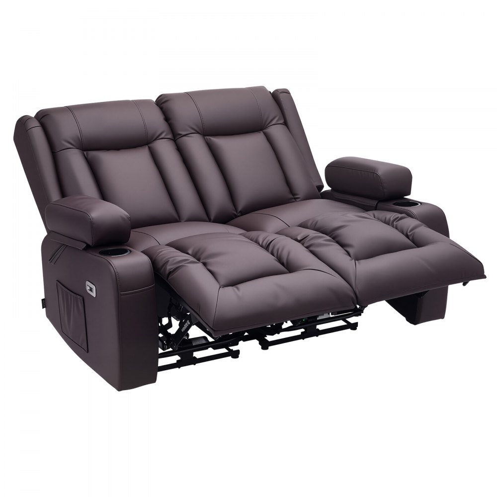 VEVOR Loveseat Recliner Sofa, Power Reclining Couch with Heating & Massage and Timer, PU Leather Electric Recliner Sofa with USB Ports, Cup Holders and Side Bags, Dual Loveseat Chair for Living Room