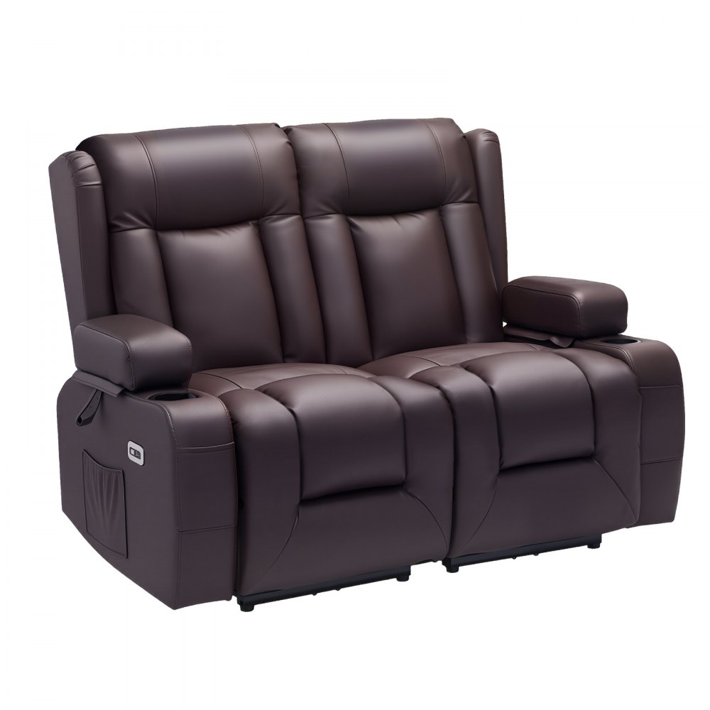 VEVOR Loveseat Recliner Sofa, Power Reclining Couch with Heating & Massage and Timer, PU Leather Electric Recliner Sofa with USB Ports, Cup Holders and Side Bags, Dual Loveseat Chair for Living Room