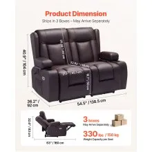 VEVOR Loveseat Recliner Sofa, Power Reclining Couch with Heating & Massage and Timer, PU Leather Electric Recliner Sofa with USB Ports, Cup Holders and Side Bags, Dual Loveseat Chair for Living Room