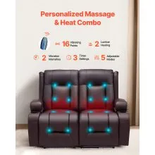 VEVOR Loveseat Recliner Sofa, Power Reclining Couch with Heating & Massage and Timer, PU Leather Electric Recliner Sofa with USB Ports, Cup Holders and Side Bags, Dual Loveseat Chair for Living Room